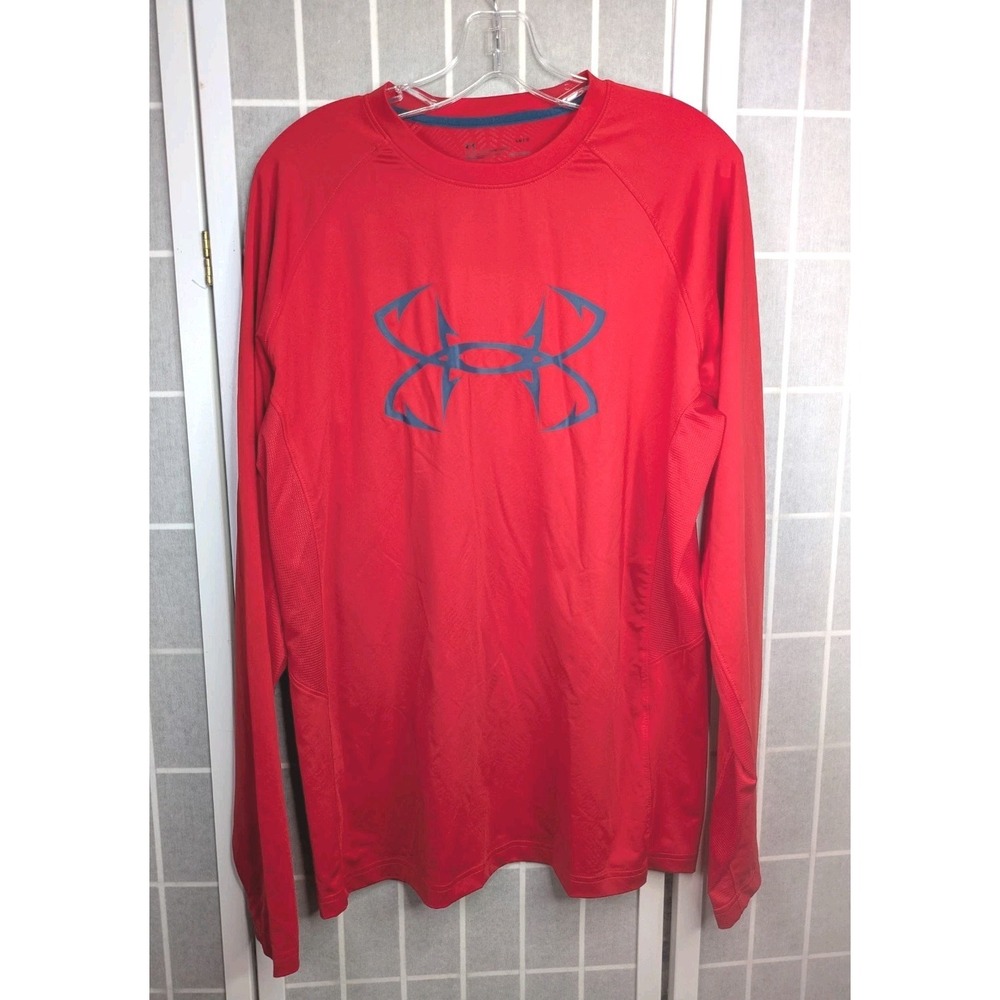 Under Armour HeatGear Mens Large Long Sleeve Shirt Red Athletic Sports Outdoors